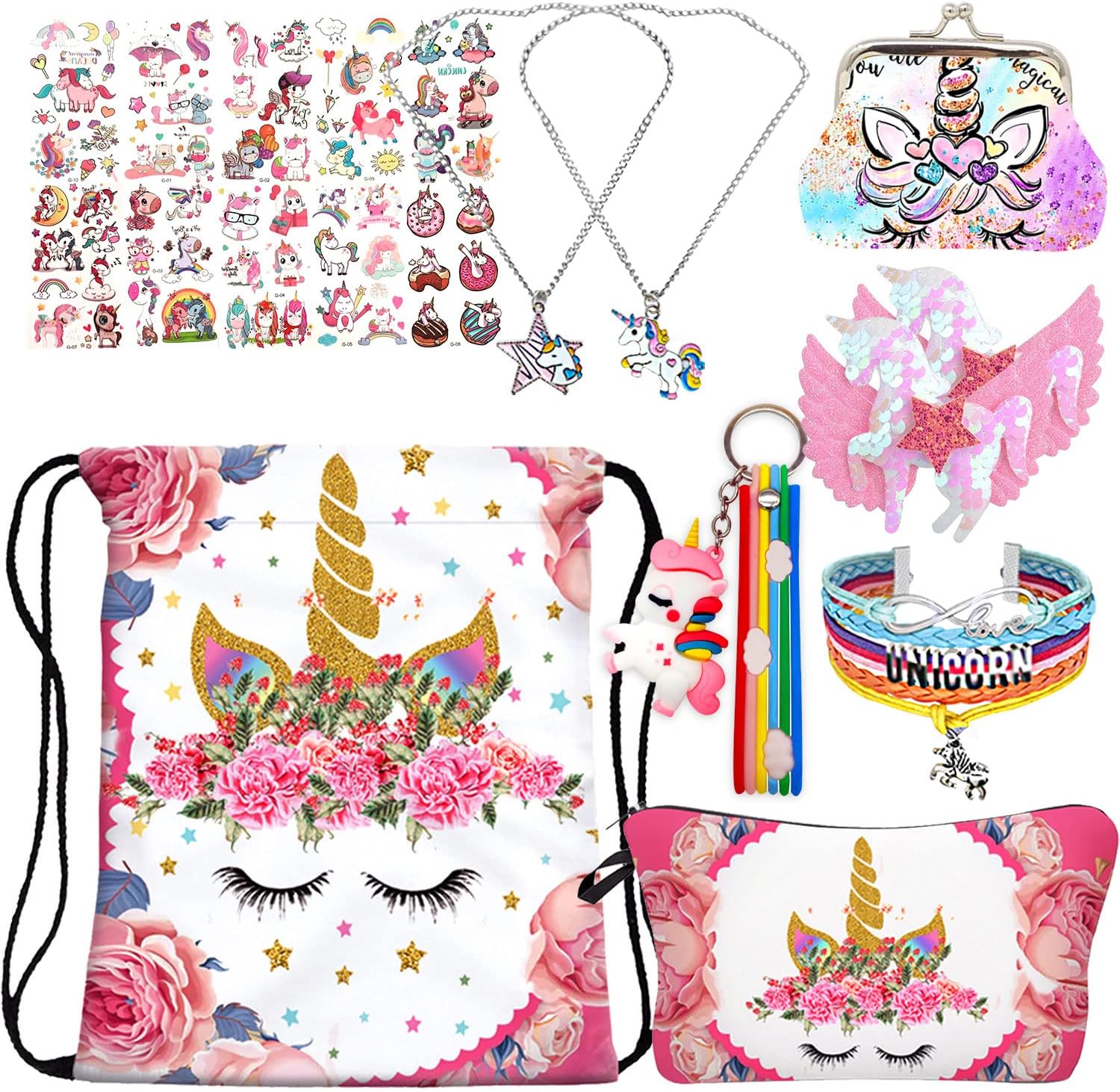 Unicorn Gifts - Unicorn Drawstring Backpack/Make Up Bag/Slap Bracelet